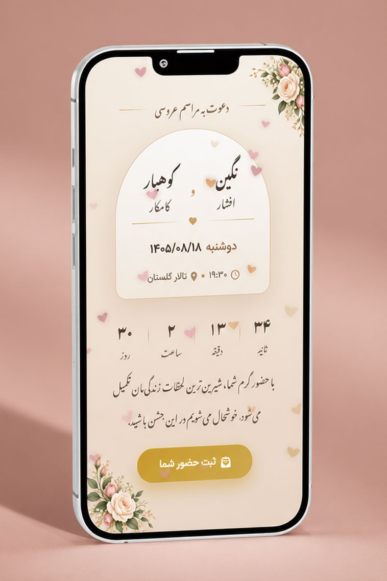پیش‌نمایش قالب کارت دعوت عروسی — رز طلایی